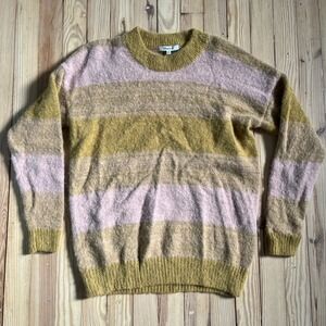 Madewell Alpaca Wool Blend Striped Fuzzy‎ Crewneck Sweater Yellow Pink XS Winter